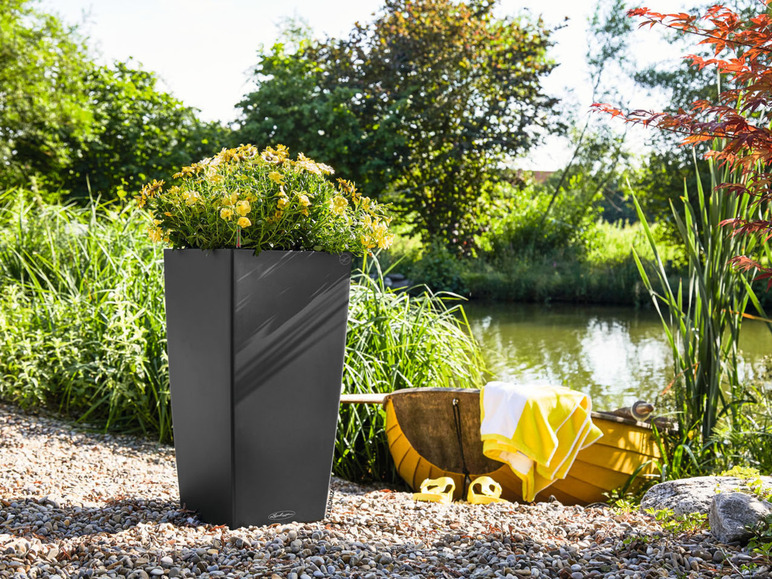 Ein schwarzer Lechuza-Blumentopf mit gelben Blüten, neben einem Teich.