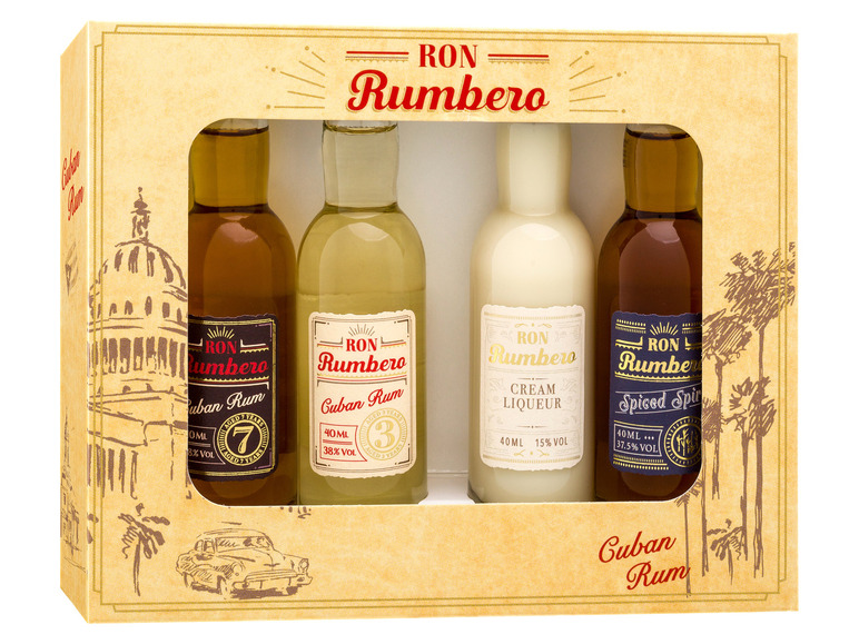 Versandhandel mit Originalprodukten im Ausland Ron Rumbero Tasting-Set 15-38% x 4 Vol 0,04l
