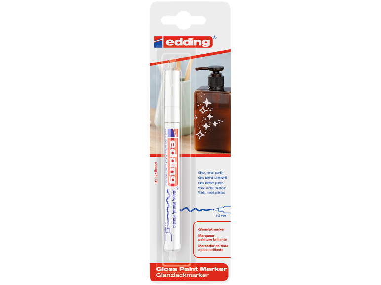 Glanzlackmarker für Glas, Metall und Kunststoff, mit 1-2 mm Spitze.