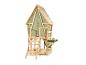 Holzspielhaus mit grünem Zelt und Matschküche mit Utensilien