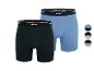 Zwei Paar Herren-Boxershorts in Schwarz und Blau, mit elastischen Bündchen.