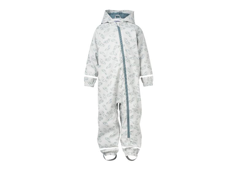 Baby-Regenanzug in Grau mit Automuster und Reißverschluss.