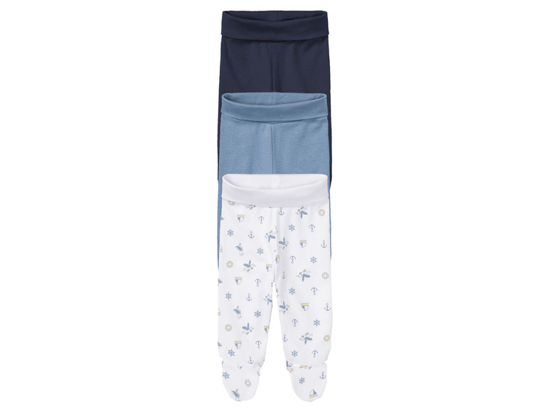 Drei Paar Baby-Leggings mit maritimem Muster.
