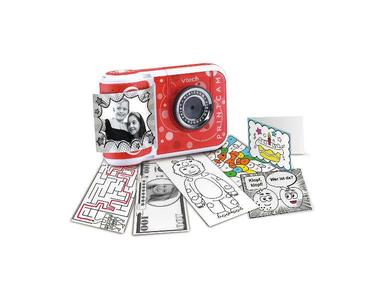 Rote Kinderkamera, die Fotos und Malvorlagen druckt.