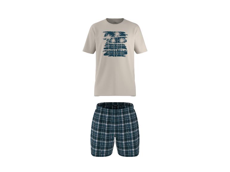Herren-Pyjama: beiges T-Shirt mit Palmenmuster und karierte Shorts.