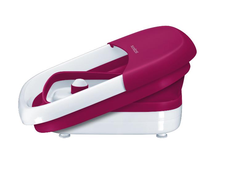 Sanitas Fußmassagegerät in Weiß und Magenta mit zentralem Massager.