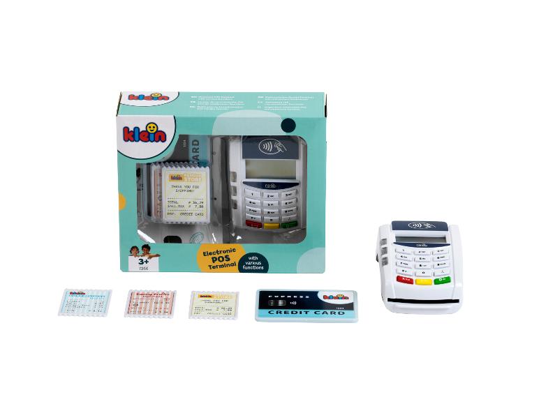 Ein elektronisches POS-Terminal-Spielset mit Zubehör wie Quittungen und einer Kreditkarte.