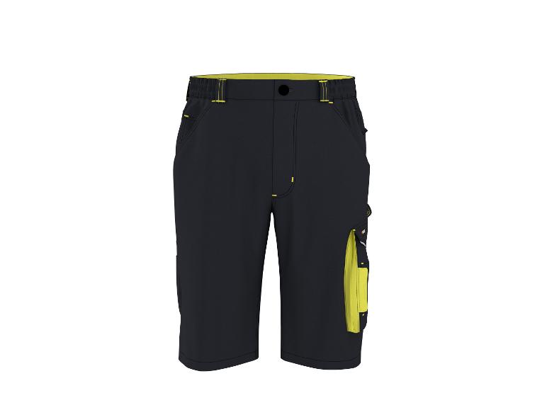 Schwarze Arbeitsshorts mit gelben Details und Seitentasche.