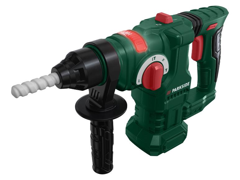 Grüner und schwarzer Bohrhammer mit roten Akzenten und Zusatzhandgriff.