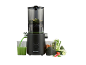 Schwarzer Slow Juicer mit grünem Saft und Gemüse.