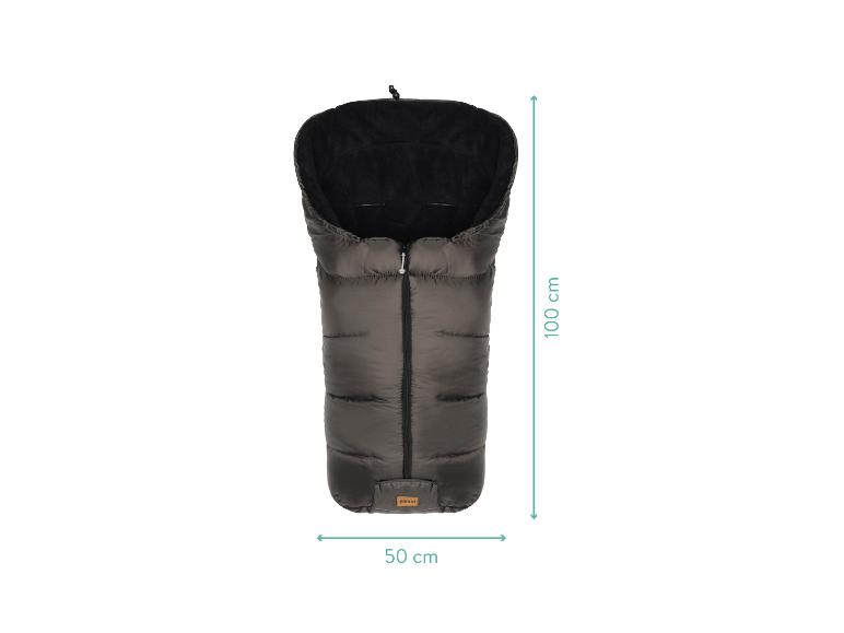 Dunkelgrauer Fußsack mit schwarzem Futter, 100 cm lang und 50 cm breit.