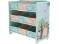 Kinder-Spielzeugregal mit neun Stoffboxen, verziert mit Bär und Waschbär.
