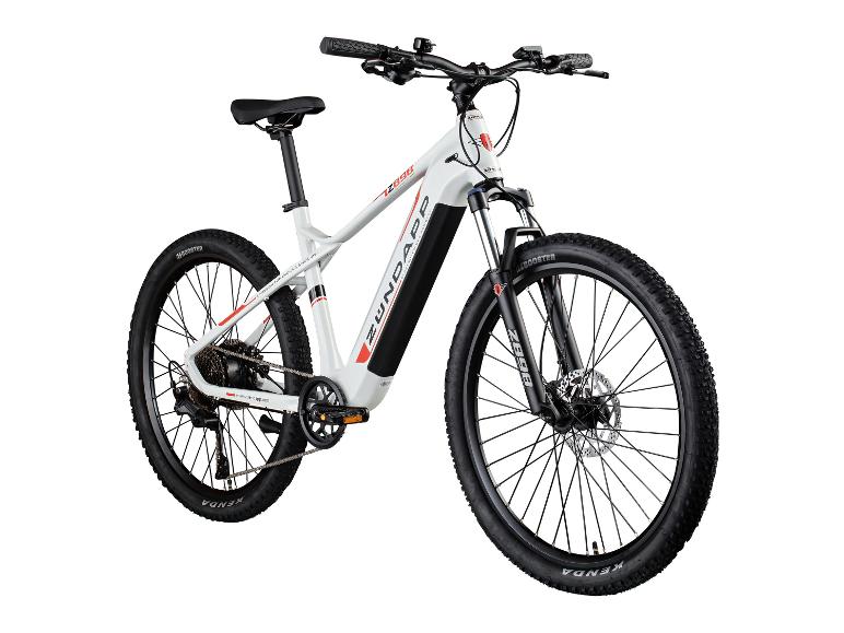 Weißes E-Mountainbike mit roten und schwarzen Details, mit Text 