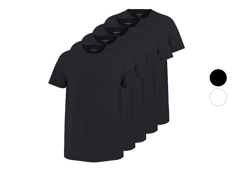 Fünf schwarze Herren-Rundhals-T-Shirts, mit Farboptionen in schwarzen und weißen Kreisen.
