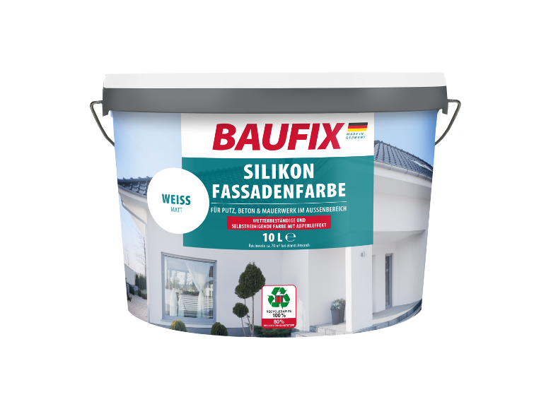 Baufix Fassadenfarbe: 10L Eimer, matt weiss, Silikon.