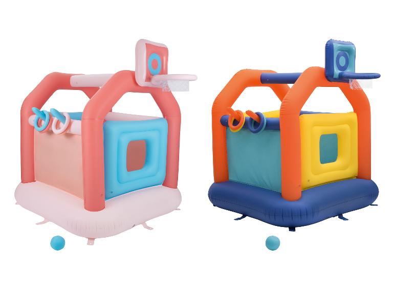 Zwei aufblasbare Kinderburgen: eine rosa-blau, die andere orange-blau.