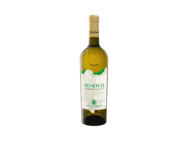 Flasche Weißwein Piemonte Bianco mit einem Etikett, das einen Vogel und Berge zeigt.