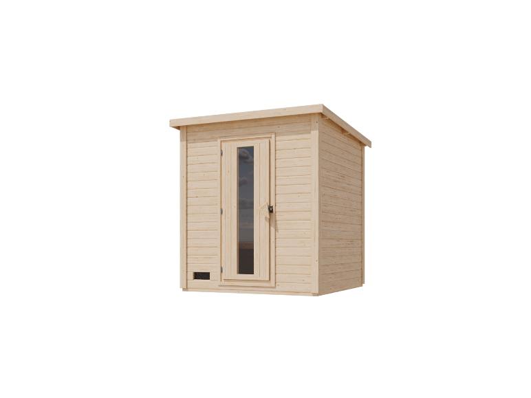 Holzsauna mit Glastür und schrägem Dach