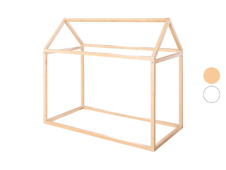 Kinderbettgestell aus Naturholz in Hausform.