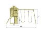 Spielhaus aus Holz mit Rutsche und Doppelschaukel, Maße 370x176cm.