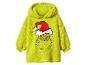 Grüner flauschiger Kapuzenpullover mit Grinch-Gesicht und Weihnachtsmütze