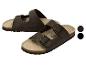 Braune Zweiriemen-Sandalen mit Schnallen und Korksohle.