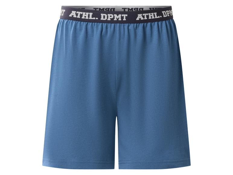 Blaue Pyjamashorts mit elastischem Bund und dem Schriftzug „ATHL. DPMT“.
