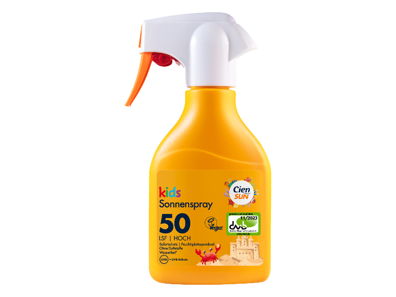 Kinder-Sonnenspray mit LSF 50, Sofortschutz und feuchtigkeitsspendend.