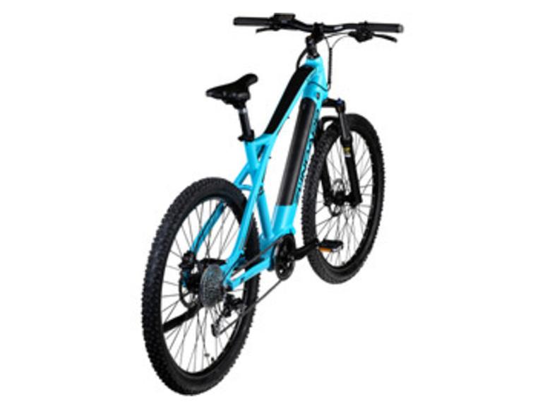 Türkises Elektro-Mountainbike mit schwarzen Reifen und Sattel.