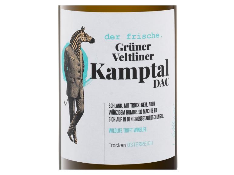 Flasche Weißwein Grüner Veltliner Kamptal mit Zebra im Anzug auf dem Etikett.