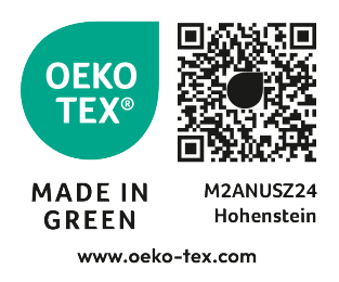 MADE IN GREEN OEKO-TEX® M2ANUSZ24 Hohenstein Siegel mit QR-Code.