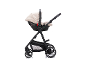 Beiger Babysitz, befestigt an einem schwarzen Kinderwagen mit Rädern.