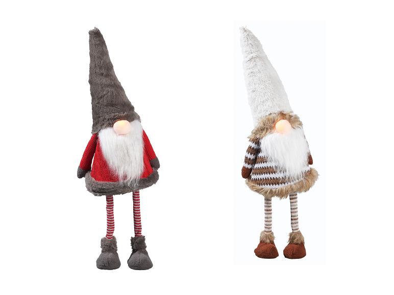 Zwei Weihnachtsgnomfiguren mit leuchtenden Nasen, eine in Rot und Grau, die andere in Braun und Weiß.