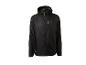 Schwarze Herren-Regenjacke mit Kapuze und neongelbem Reißverschluss.