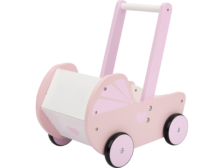 Rosa Holzpuppenwagen mit weißem Griff und Herzdekoration.