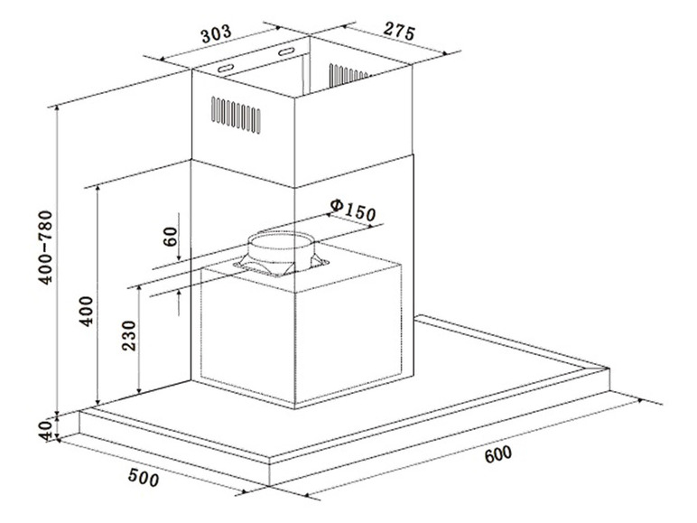 Technische Zeichnung einer Dunstabzugshaube mit Abmessungen.