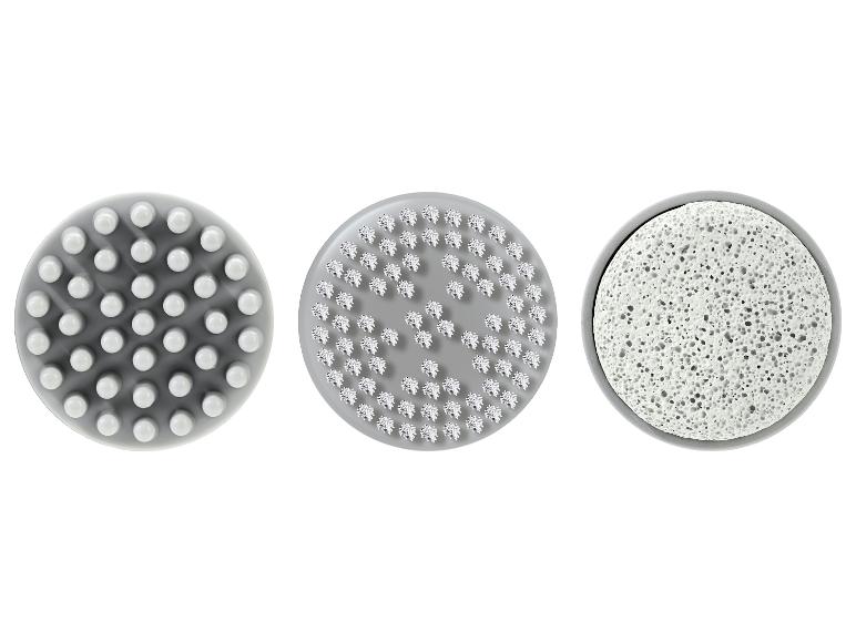 Drei runde Hautpflegeaufsätze: Massage, Bürste und Bimsstein