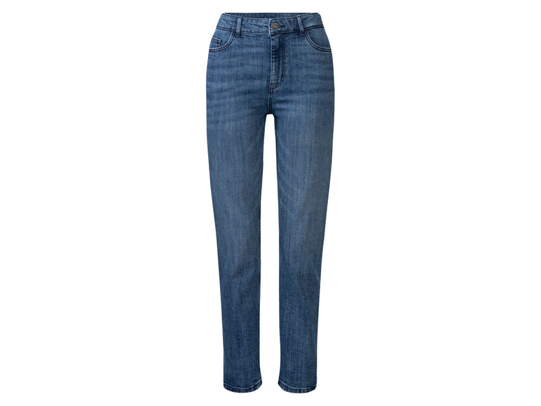 Eine blaue Jeans mit hohem Bund.