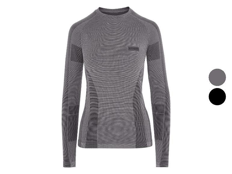 Ein graues, langärmeliges Sportoberteil mit dezentem Muster und 'SPYDER'-Logo.
