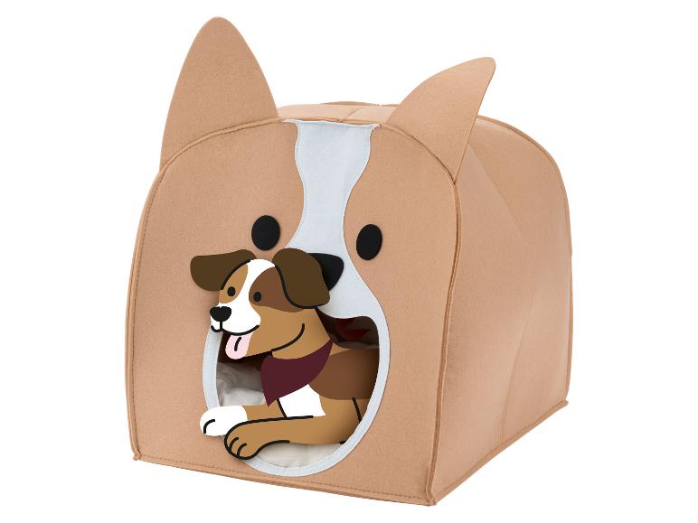 Hundehütte in Corgi-Form mit einem Cartoon-Hund, der herausschaut.