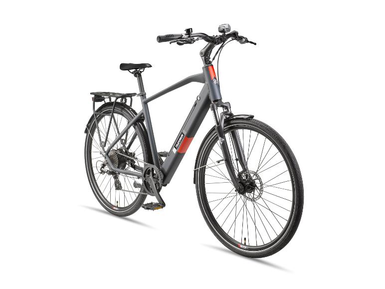 Graues E-Bike mit roten Akzenten, Gepäckträger und Schutzblechen.