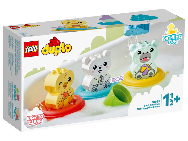 LEGO Duplo Badespielzeug mit schwimmenden Tieren, darunter eine Ente, ein Bär und ein Nilpferd.