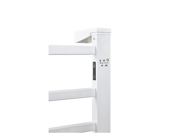 Weißer Handtuchwärmer mit digitalem Timer und Leistungsanzeige.