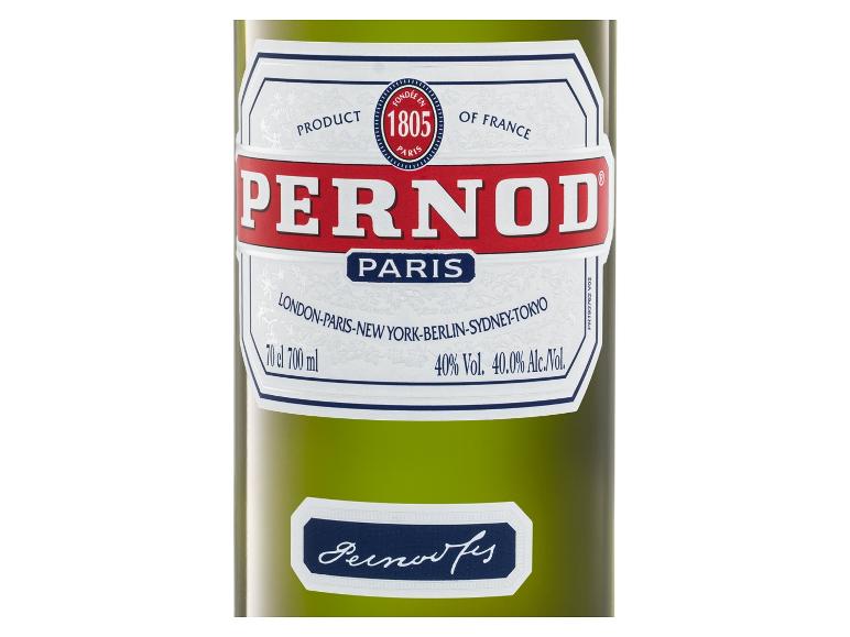 Grüne Flasche mit weißem und rotem Etikett, 40% Alkohol, 700ml.