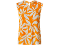 Oranges ärmelloses Top mit weißem Blumenmuster, gekreppte Textur.