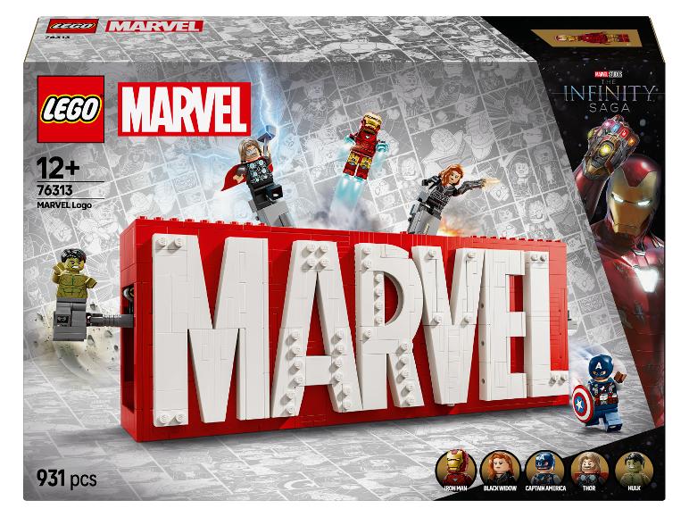 LEGO Marvel Logo-Set mit Minifiguren von Iron Man, Thor, Black Widow, Hulk und Captain America.