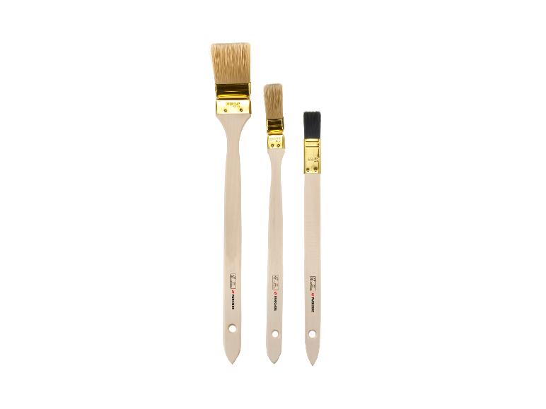 Set aus drei Pinseln mit Holzgriffen, verschiedenen Größen und Borstenarten.