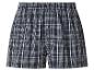Dunkelblaue und weiß karierte Herren-Boxershorts mit Gummibund und Knopfverschluss.