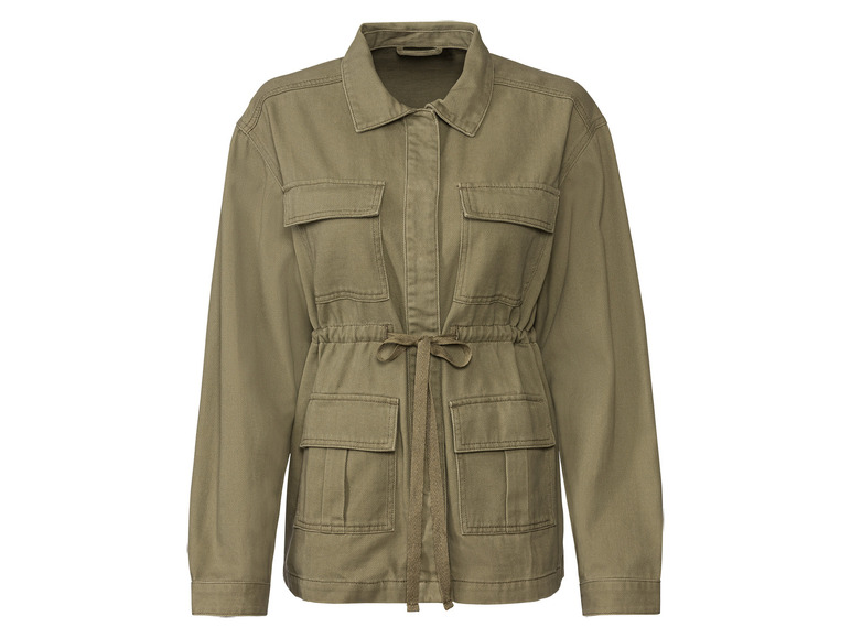 Eine grüne Jacke mit langen Ärmeln, Knöpfen und Taschen.