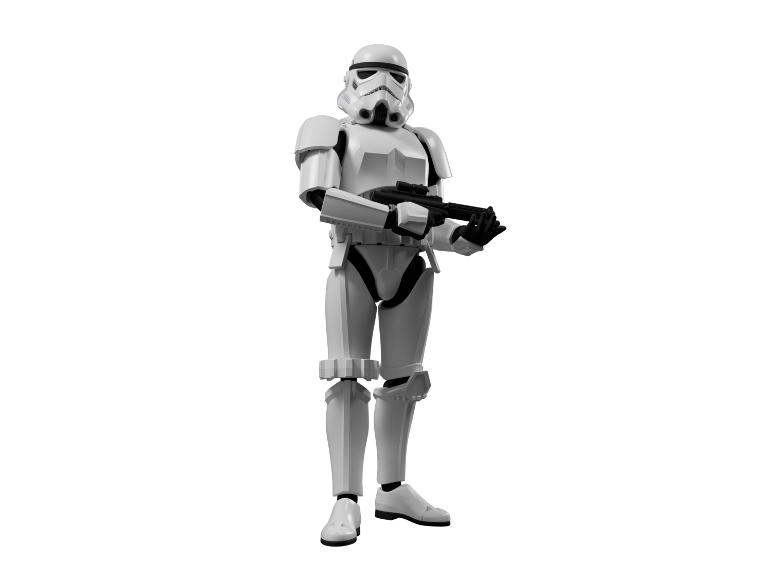 Weißer Stormtrooper mit Gewehr, aufrecht stehend.